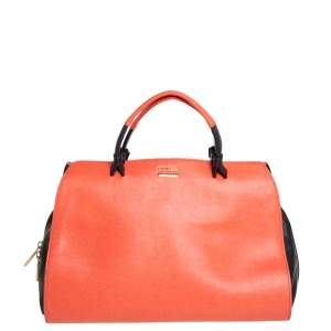 Pre Owned Furla Coral Red/Black Leather Convertible Satchel
