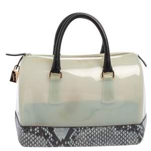 Pre Owned Furla Grey/Black Rubber and Python Embossed Leather Medium Candy Satchel