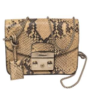 Pre Owned Furla Beige Python Embossed Leather Mini Metropolis Crossbody Bag