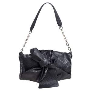 Pre Owned Furla Black Python Embossed Leather Flap Shoulder Bag