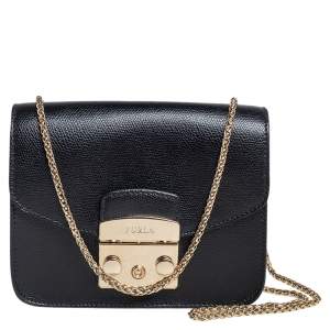 Pre Owned Furla Black Leather Mini Metropolis Chain Crossbody Bag