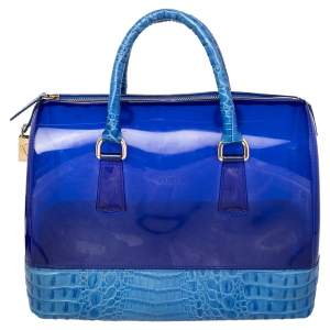 Pre Owned Furla Blue Rubber and Croc Embossed Leather Medium Candy Satchel