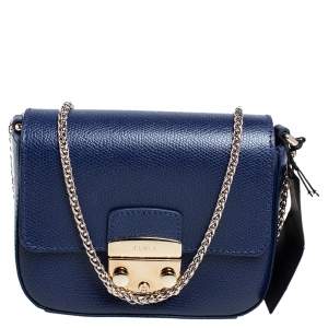 Pre Owned Furla Navy Blue Leather Micro Metropolis Crossbody Bag