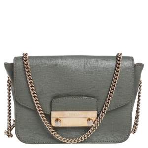 Pre Owned Furla Greyish Green Leather Mini Metropolis Chain Crossbody Bag