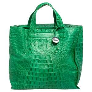 Pre Owned Furla Green Croc Embossed Leather Divide It Tote