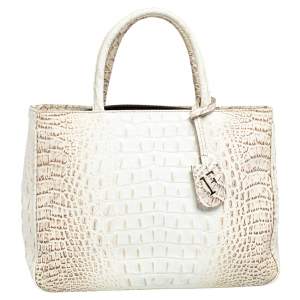 Pre Owned Furla Cream Croc Embossed Leather Tote