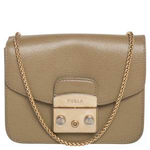 Pre Owned Furla Khaki Green Leather Mini Metropolis Chain Crossbody Bag
