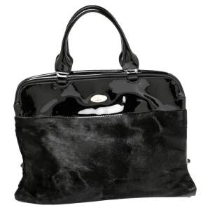 Furla Black Calfhair and Patent Leather 80th Anniversary Frame Satchel