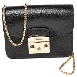 Pre Owned Furla Black Leather Mini Metropolis Chain Crossbody Bag