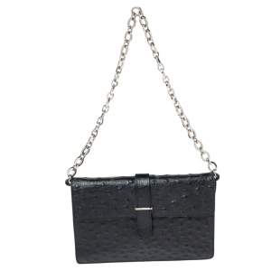 Pre Owned Furla Black Ostrich Embossed Leather and Suede Chain Clutch