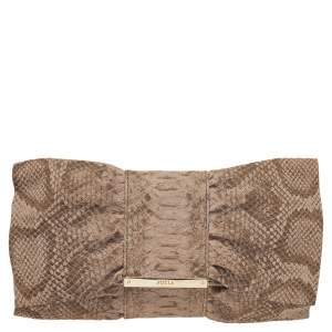 Pre Owned Furla Beige Python Embossed Leather Bow Flap Clutch