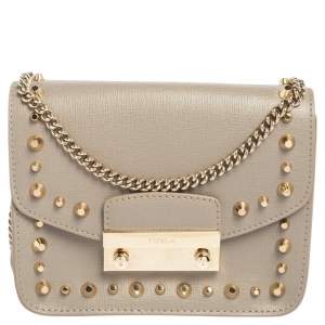 Pre Owned Furla Grey Leather Julia Studded Crossbody Bag