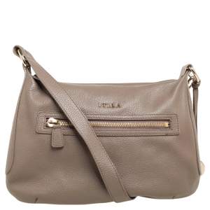 Pre Owned Furla Dark Beige Grained Leather Front Pocket Crossbody Bag