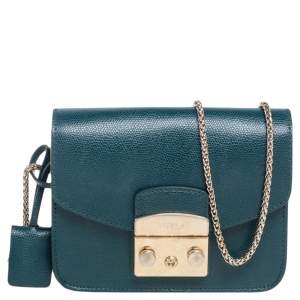 Pre Owned Furla Green Leather Mini Metropolis Chain Crossbody Bag