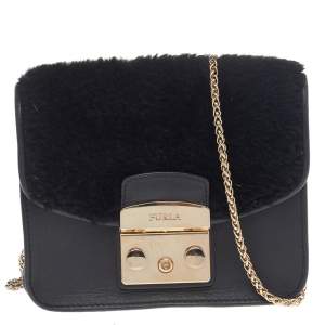 Pre Owned Furla Black Leather And Faux Fur Mini Metropolis Chain Crossbody Bag