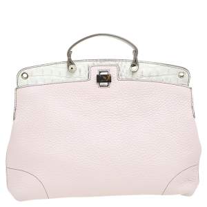Pre Owned Furla Pink/White Leather Piper Cartella Top Handle Bag