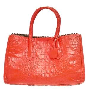 Pre Owned Furla Neon Orange Croc Embossed Leather Tote