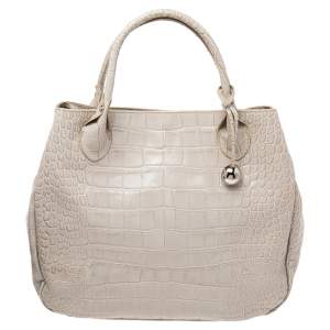 Pre Owned Furla Beige Croc Embossed Leather Tote