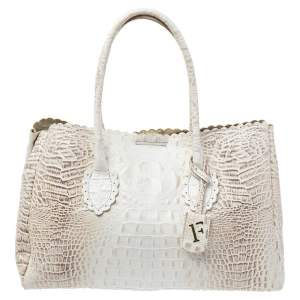 Pre Owned Furla White/Beige Croc Embossed Leather Tote