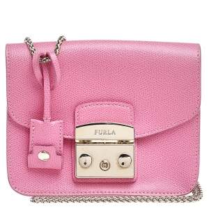 Pre Owned Furla Pink Leather Mini Metropolis Chain Crossbody Bag