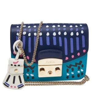 Pre Owned Furla Blue/Navy Blue Leather Mini Metropolis Papillon Crossbody Bag