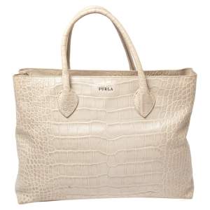 Pre Owned Furla Offwhite Croc Embossed Leather Martha Tote