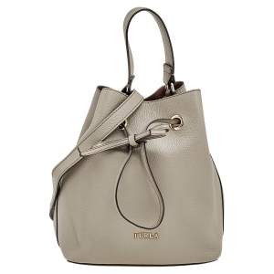 Pre Owned Furla Grey Leather Drawstring Bucket Bag