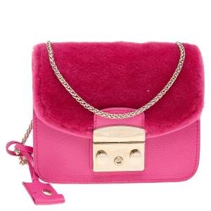 Pre Owned Furla Hot Pink Leather And Fur Mini Metropolis Crossbody Bag