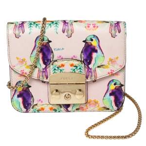 Pre Owned Furla Multicolor Bird Print Leather Mini Metropolis Chain Crossbody Bag