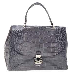 Pre Owned Furla Grey Croc Embossed Leather Top Handle Bag