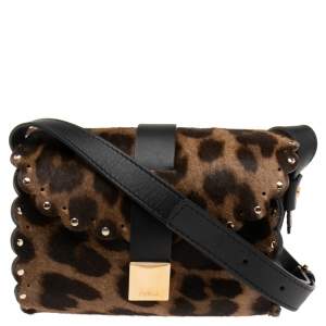 Pre Owned Furla Black/Brown Animal Print Pony Hair And Leather Amazzone Crossbody Bag