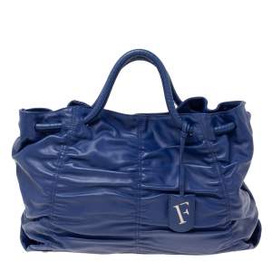 Pre Owned Furla Blue Leather Carmen Pleated Tote