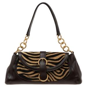 Pre Owned Furla Dark Brown/Cream Zebra Print Calf Hair and Leather Flap Baguette Bag