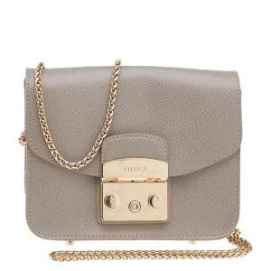 Pre Owned Furla Grey Leather Mini Metropolis Chain Shoulder Bag