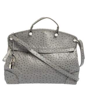Pre Owned Furla Grey Ostrich Embossed Leather Piper Top Handle Bag