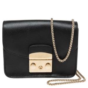 Pre Owned Furla Black Leather Mini Metropolis Chain Shoulder Bag