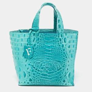 Pre Owned Furla Turquoise Croc Embossed Leather Divide It Tote