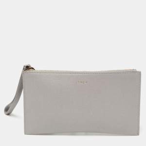 Pre Owned Furla Grey Leather Zip Slim Wristlet Pouch 