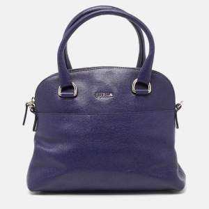 Pre Owned Furla Navy Blue Leather Logo Satchel