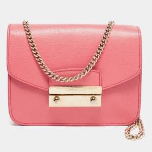 Pre Owned Furla Coral Pink Saffiano Leather Mini Metropolis Chain Shoulder Bag
