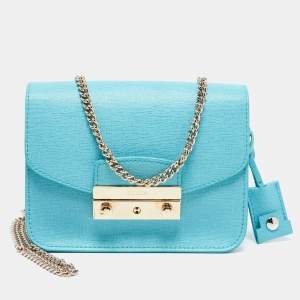 Pre Owned Furla Turquoise Leather Mini Metropolis Chain Crossbody Bag