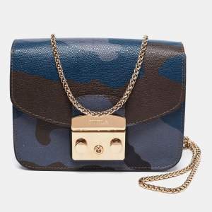 Pre Owned Furla Multicolor Camo Print Leather Mini Metropolis Chain Crossbody Bag