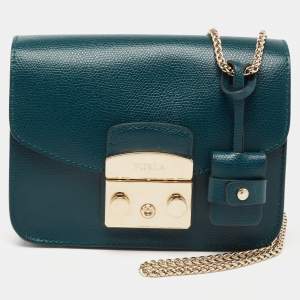 Pre Owned Furla Teal Blue Leather Mini Metropolis Chain Shoulder Bag