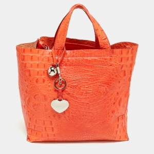 Pre Owned Furla Orange Croc Embossed Leather Divide It Tote
