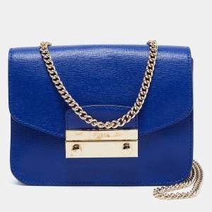 Pre Owned Furla Royal Blue Saffiano Leather Mini Metropolis Chain Shoulder Bag