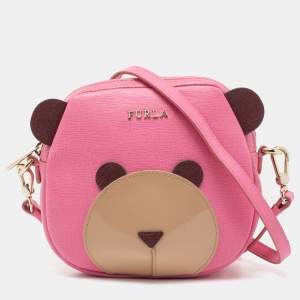 Pre Owned Furla Pink Leather Teddy Face Crossbody Bag