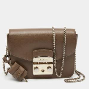 Pre Owned Furla Brown Leather Mini Metropolis Chain Crossbody Bag