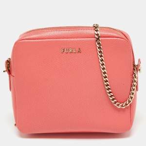 Pre Owned Furla Melon Orange Leather Boheme Chain Crossbody Bag