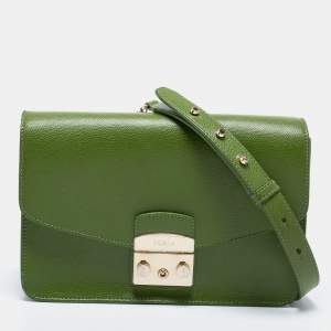 Pre Owned Furla Olive Green Leather Small Metropolis Crossbody Bag