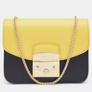Pre Owned Furla Black/Yellow Leather Interchangeable Flaps My Play Mini Metropolis Crossbody Bag
